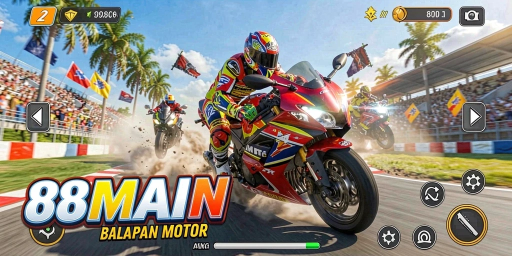 Tangkapan layar utama 88MAIN menunjukkan aksi balapan motor yang intens dan mendebarkan.