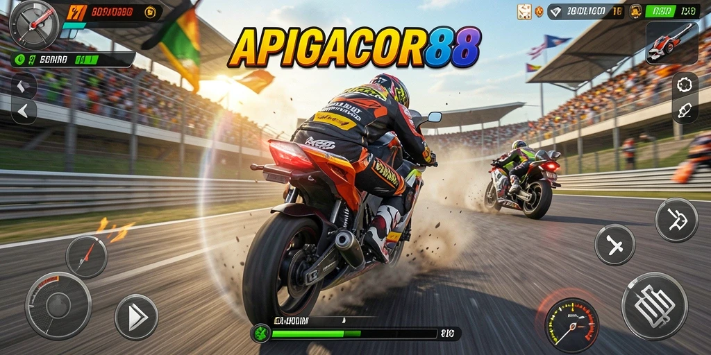 Screenshot gameplay APIGACOR88 menampilkan balapan motor yang mendebarkan dan grafik yang memukau.