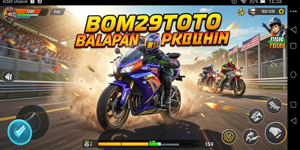 Screenshot gameplay <strong>BOM29TOTO</strong> menampilkan balapan motor yang mendebarkan di trek yang menantang.