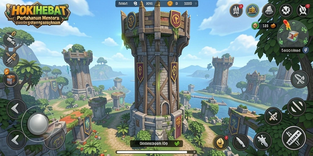 Tampilan gameplay HOKIHEBAT dengan menara dan musuh yang berinteraksi.