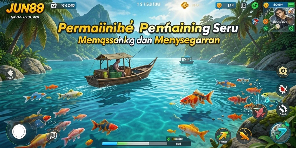 Tampilan gameplay seru saat memancing di JUN88 dengan berbagai ikan.
