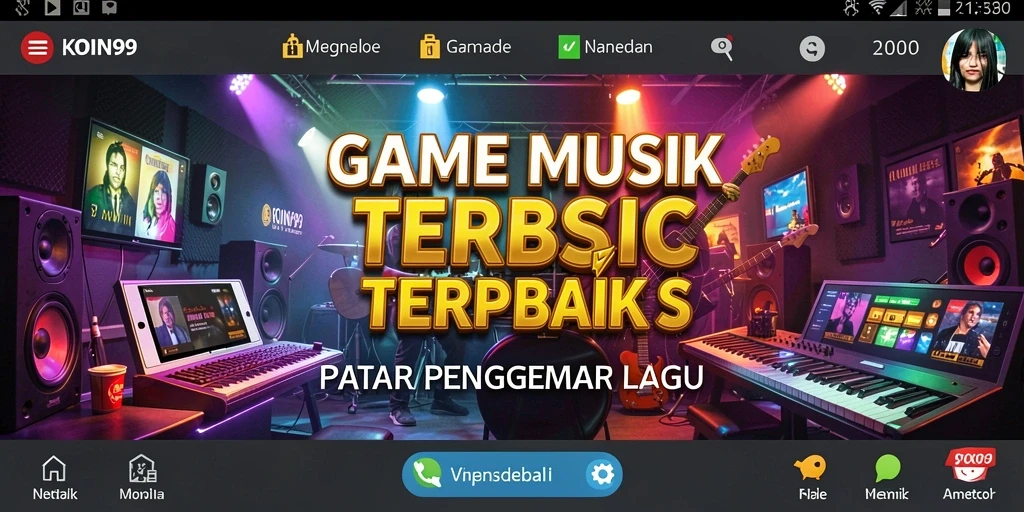 Screenshot utama KOIN99 menampilkan gameplay musik yang seru.