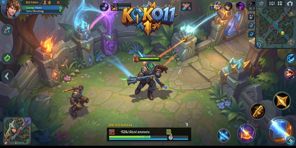 Screenshot gameplay KOKO11 yang memperlihatkan pertempuran tim yang seru.