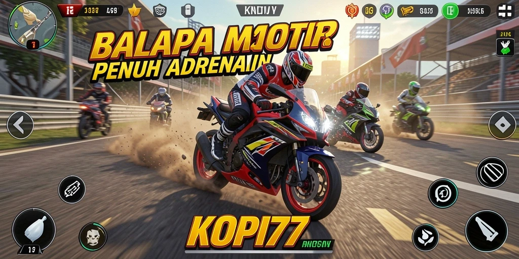 Tangkapan layar menunjukkan aksi seru dalam balapan motor di KOPI77.