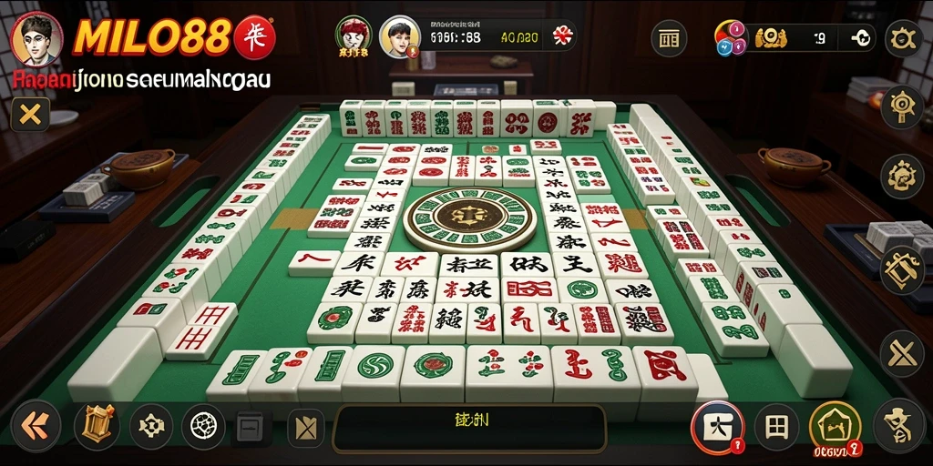 Tampilan gameplay seru dalam MILO88 dengan desain Mahjong yang menarik.