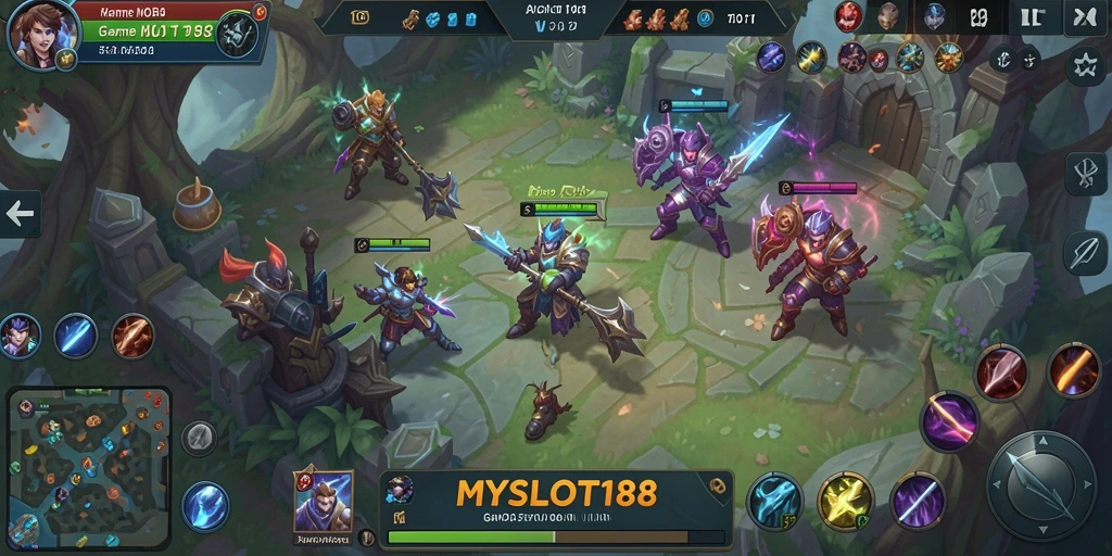 Screenshot gameplay MYSLOT188 menampilkan pertarungan MOBA yang seru.