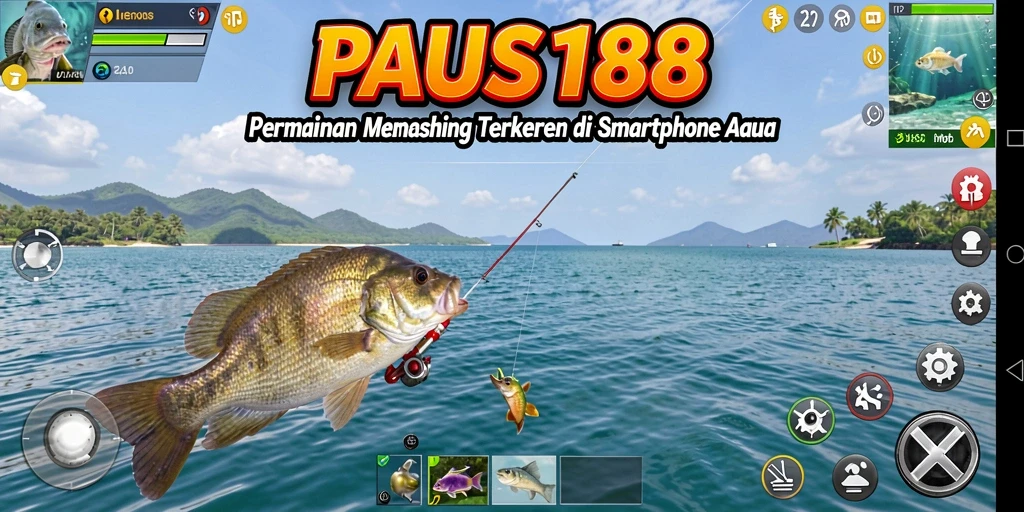 Tampilan menarik gameplay PAUS188 dengan pemancing dan berbagai ikan.