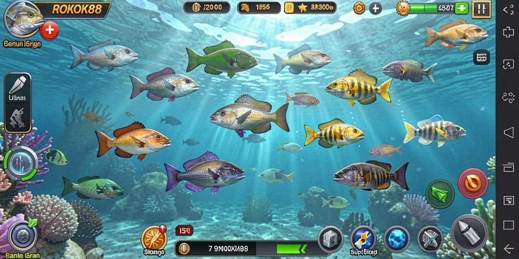 Screenshot gameplay ROKOK88 menampilkan aksi menembak ikan yang seru.