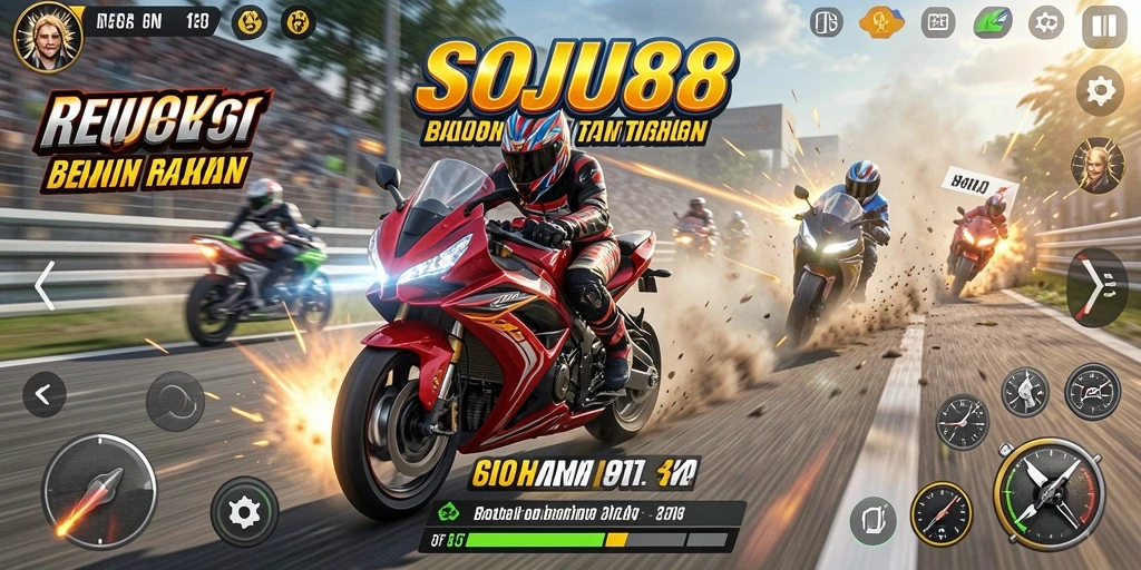 Tampilan gameplay penuh aksi dari SOJU88 saat balapan motor.