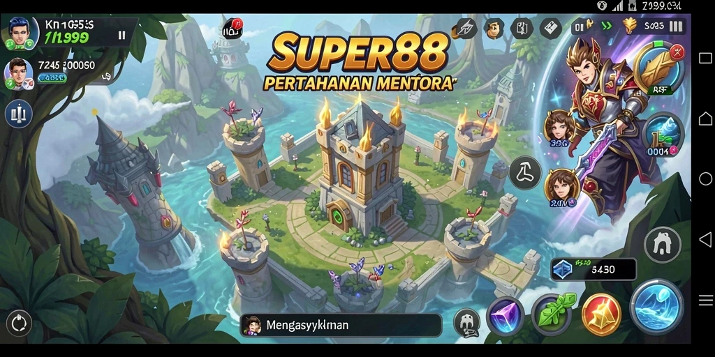 Screenshot gameplay SUPER88 menunjukkan pertahanan menara yang strategis dan menantang.